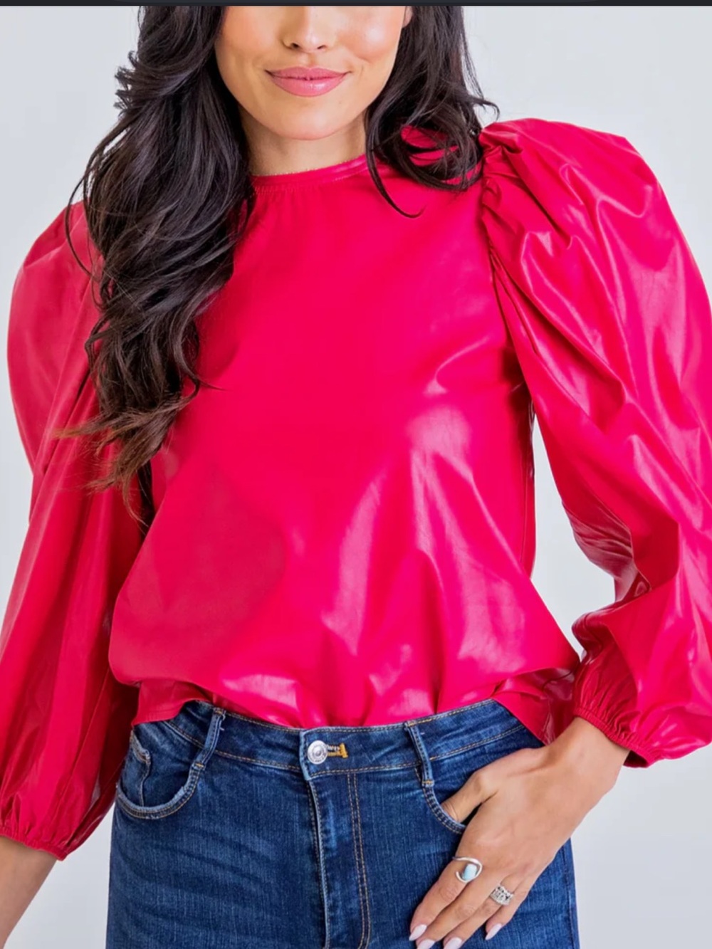 Karlie Faux Leather Fuchsia Lipstick Pink Puff Sleeves Blouse Size Medium